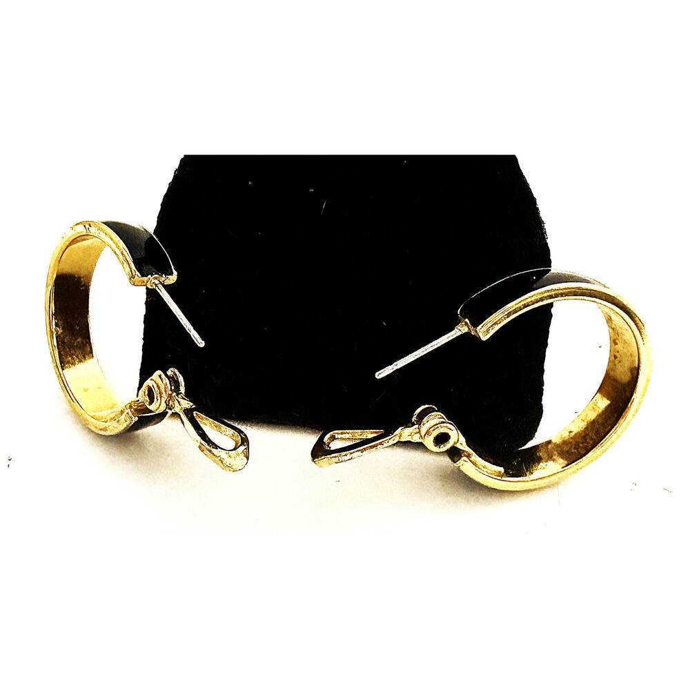 Vintage Signed Monet Gold-Tone Black Enamel Hoop Pierced Earrings Omega Clasps